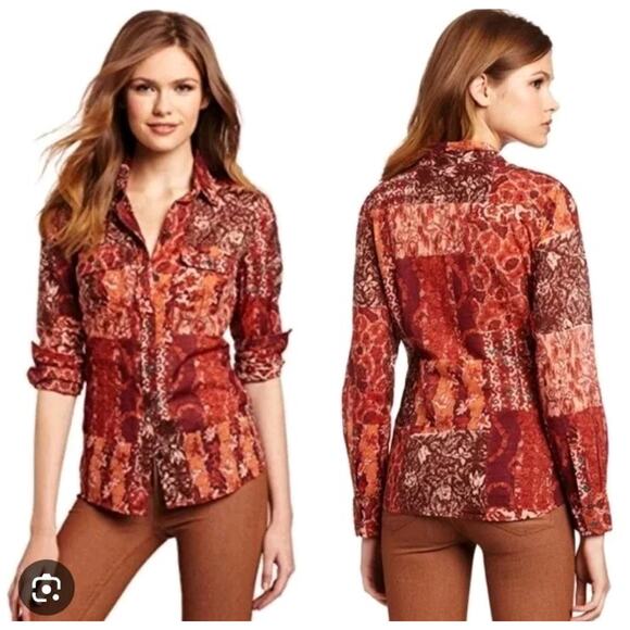 Lucky Brand Womens Small Patchwork Top Boho Button Down Rust Bohemian - Picture 1 of 10